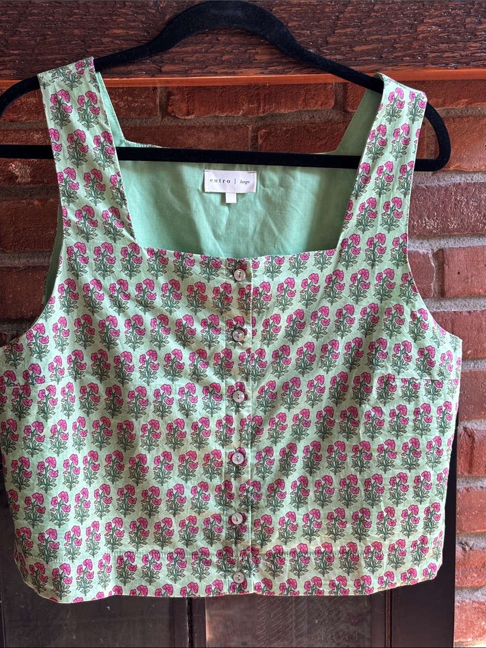 entro Mint Green Pink Floral Button-Front Crop Top